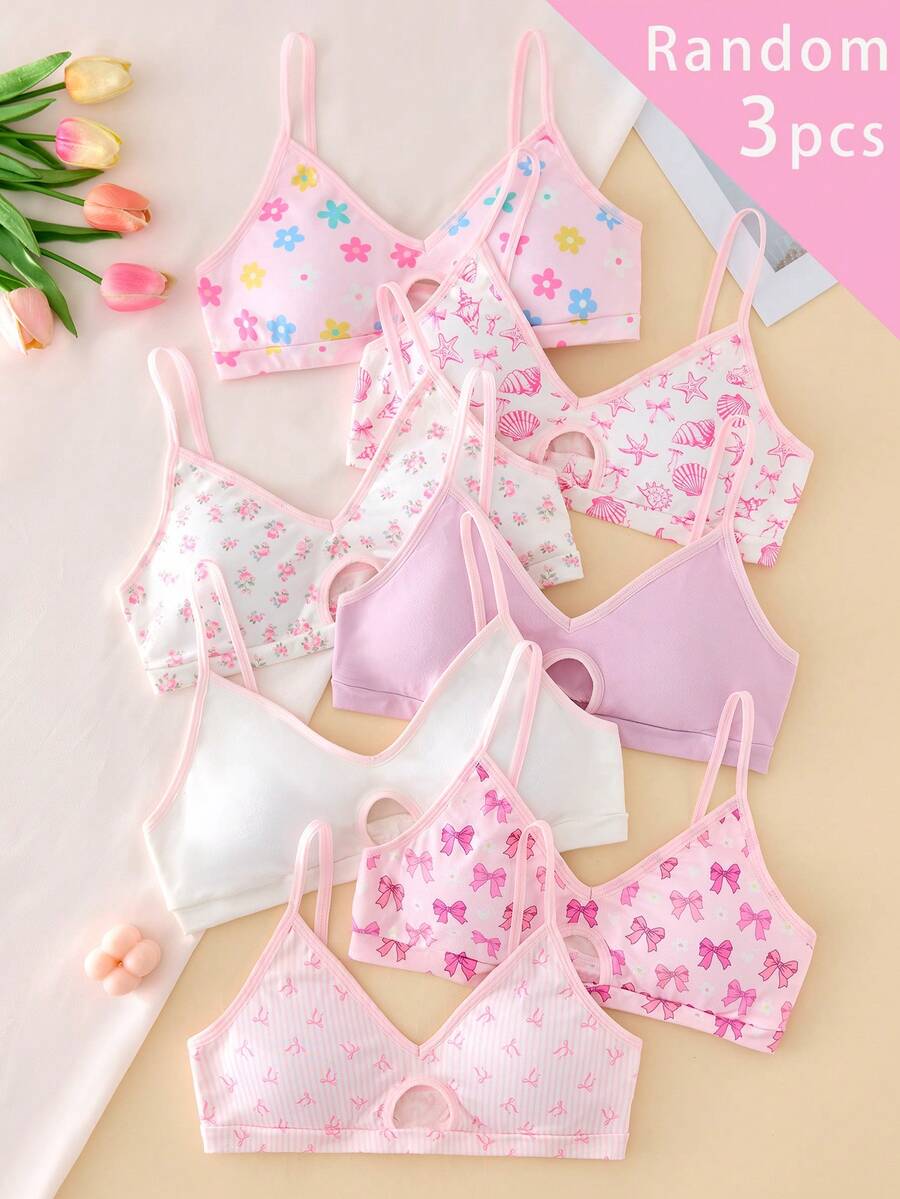 5pcs/Set Teen GirlMinimalist Floral, Cherry, Bow Print Sweet Bras With Removable Pads - Multicolor - View 1