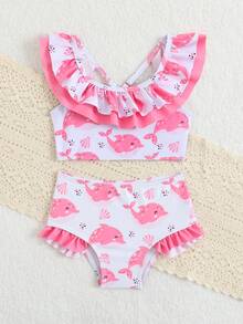 新款时尚女婴豹纹荷叶边两件式比基尼套装，女婴泳衣两件套粉色泳装比基尼套装，适合2岁女童沙滩装，女婴两件式泳衣，女婴比基尼，女婴沙滩装，女婴泳装套装，女童海豚印花泳衣，女婴沙滩装比基尼，女婴沙滩装泳衣两件式泳衣，粉色女婴两件式泳装套装，女婴沙滩装，适合1-2岁女童泳衣两件套 - 粉色 - 查看 5