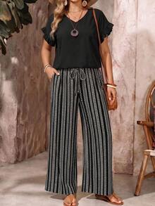 EMERY ROSE 2pcs/Set Plus Size Women Summer Solid Ruffle Trim Top And Striped Print Casual Pants Set - Multicolor - View 5