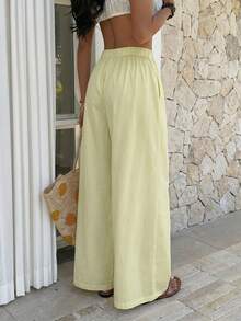 Sunnyshic Lace-Up Waist Fold-Over Cotton Harem Pants - Green - View 5
