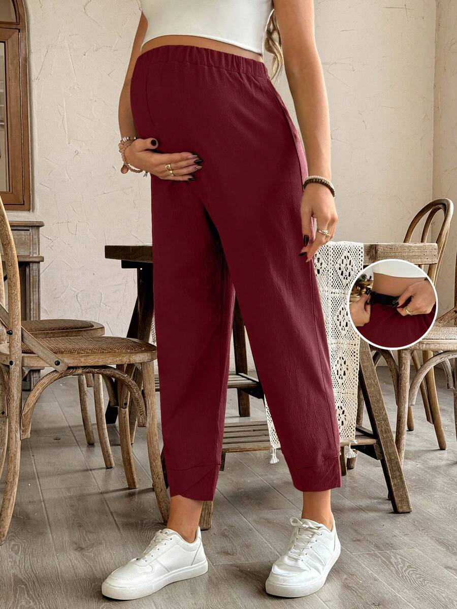 SHEIN Quần bầu ống côn màu trơn, cạp chun - Màu Đỏ Sâu - Xem 1