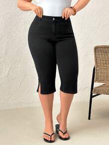 SHEIN Plus High Waist Elastic Black Bermuda Date Night Vacation Summer - Black - View 4