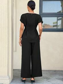 MaterniWear Maternity Elegant Solid Color Top & Pants 2 Pieces Set - Black - View 2