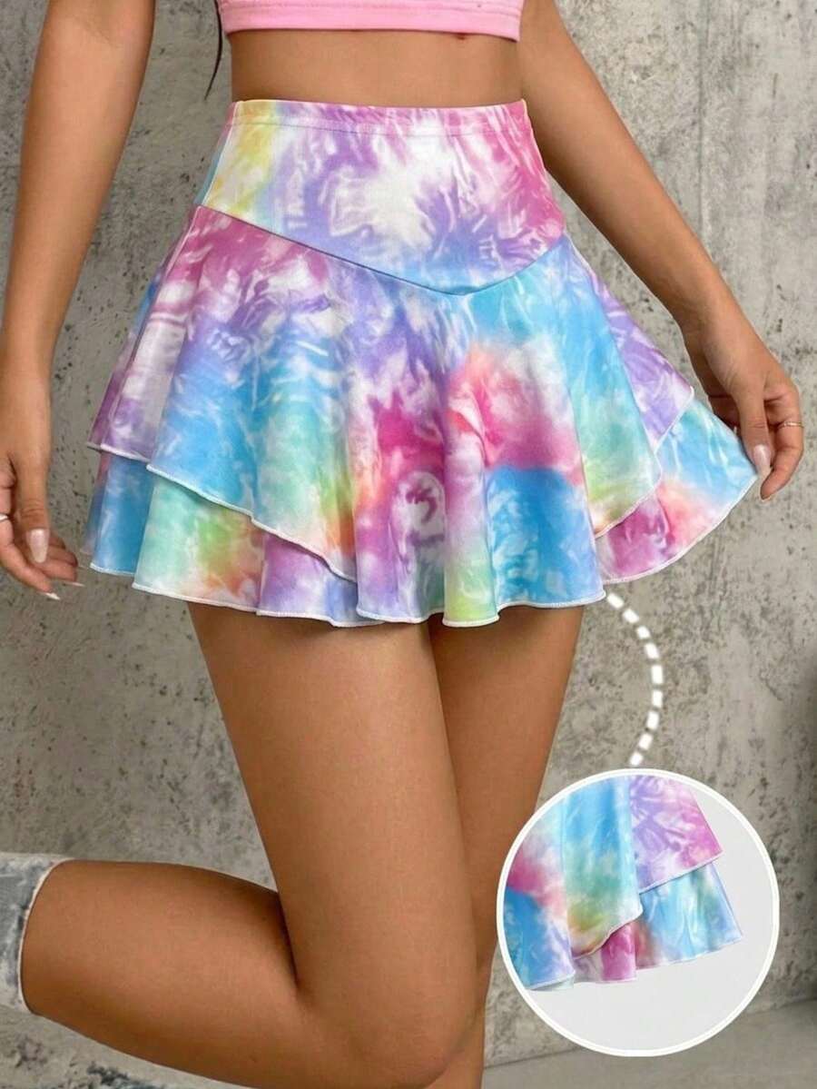 SHEIN Tween女孩彩色漸層印花高腰彈性運動裙,側邊口袋,防走光,適合夏季戶外運動,也是很棒的禮物,適用於學校、校園、大學暑假穿著 - 彩色 - 查看 1
