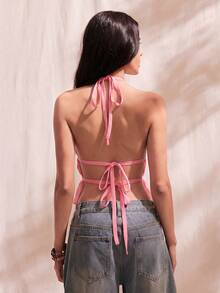 Easelle 女士荷叶边露背吊带衫 - 西瓜粉 - View 2