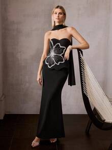 MOTF Soiréza ELEGANT BLACK STRAPLESS MERMAID EVENING DRESS WITH BEADED FLOWER DECOR & SCARF SPRING SUMMER OUTFITS FOR WEDDING GUEST, EVENING PARTY, FORMAL - Black - View 8