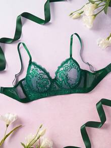 Elorette Olive Green Underwire Lace Patchwork Bra, Supportive, Sheer, Romantic French Style Ladies Lingerie - Dark Green - View 8