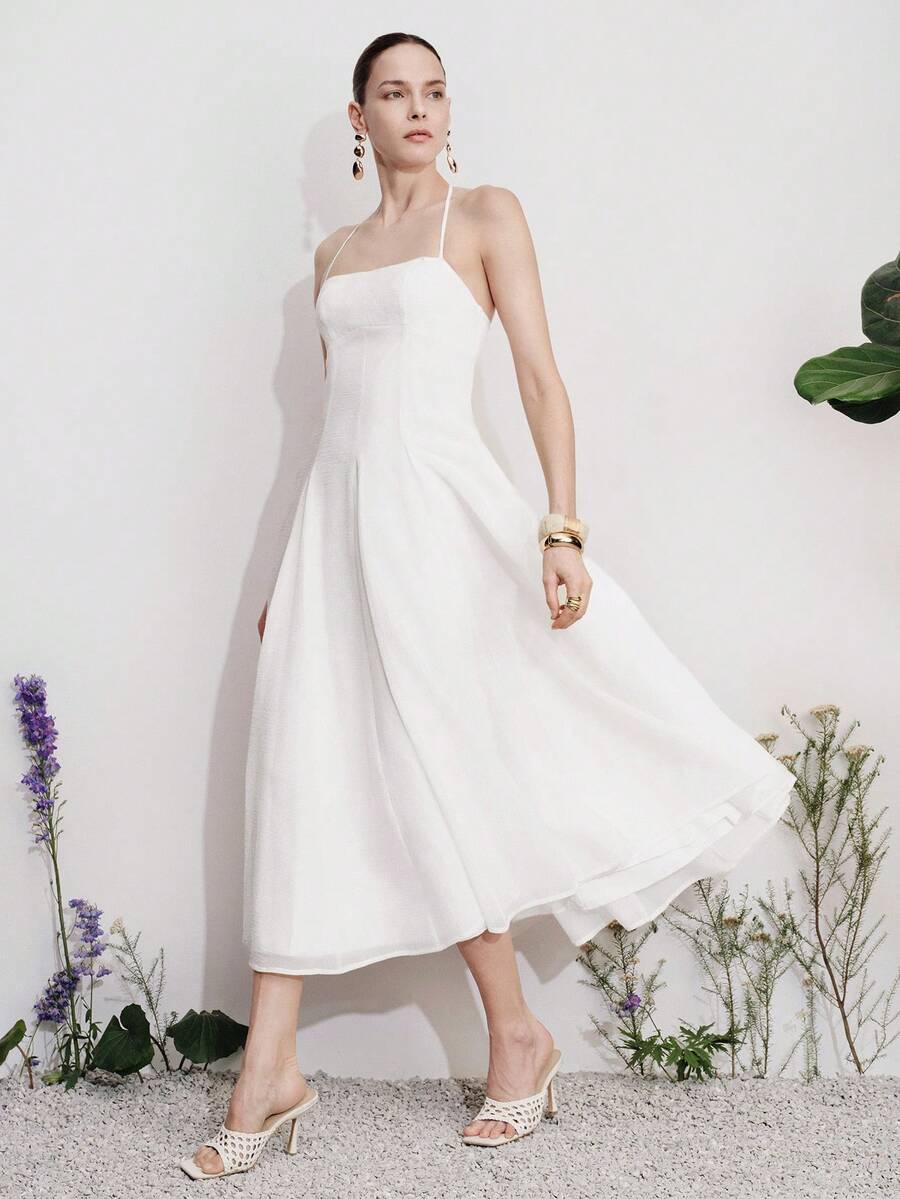 Aveloria Modichic Women's Spring/Summer Solid Color Halter Neck Backless Maxi Dress With Large Skirt, Minimalist Commute Vacation Casual Elegant Party Date Modern Versatile - White - View 1