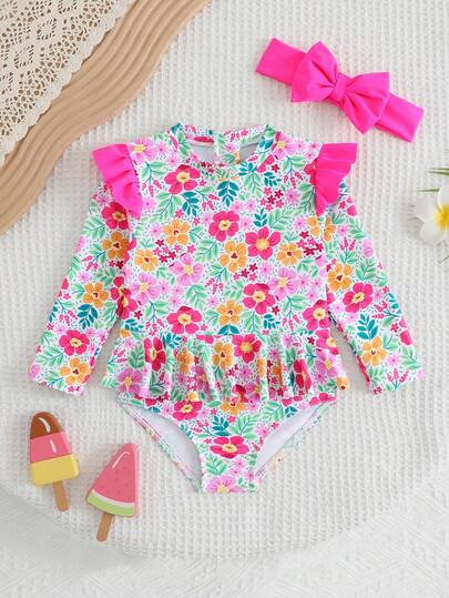 Baby Girls Beachwear,One-Piece Swimsuit For Baby Girls And Children, Vacation, Casual, Cute Style, Rose Red Swimsuit, Floral Pattern Print, Knitted Fabric, Children's Sun-Protective Clothing, Floral Long-Sleeved Swimsuit, Shoulder Ruffled Decoration, Paired Fashionable, Casual, Exquisite, Elegant And Ladylike, Suitable For Swimming, Suitable For Summer Vacation, Summer Beach, Seaside Swimming Pool, Swimming Pool, Summer Party,