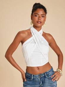 Travachic Solid Color Halter Cropped Top For Women, Spring/Summer Vacation - White - View 6