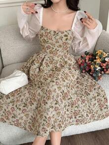 Feyla 女士优雅提花拼接中长连衣裙 - 彩色 - 查看 4