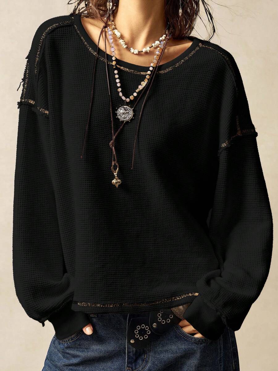 Bohemela Women's Casual Solid Color Knit Crew Neck Long Sleeve Loose Washed T-Shirt,Fall,Fall Clothes For Women,Women's Winter Clothes - Black - View 1