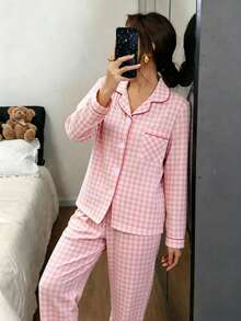 Zazumi Conjunto de pijama de 2 piezas con mangas largas, estampado a cuadros, solapa y diseño con botones para uso casual en el hogar - Rosa - Ver 4