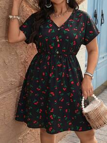 Comfylo Vestido de manga corta con cuello en V y estampado floral para vacaciones en tallas grandes - Negro - Ver 8