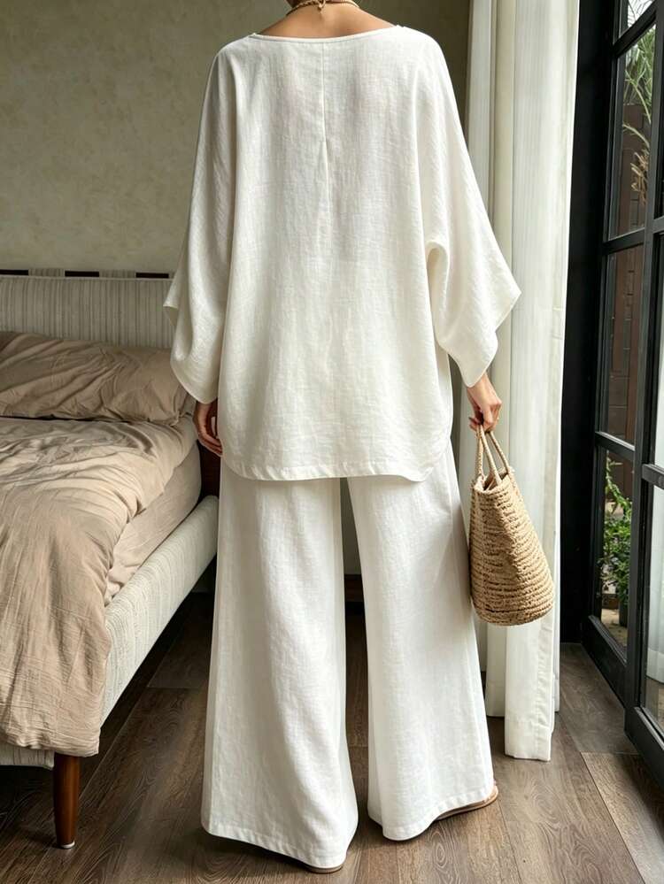 Women's Loose Fit Shirt Top And Flowy White Set, 2 Pieces Outfit, Spring/Summer Lounge Sets For Women
