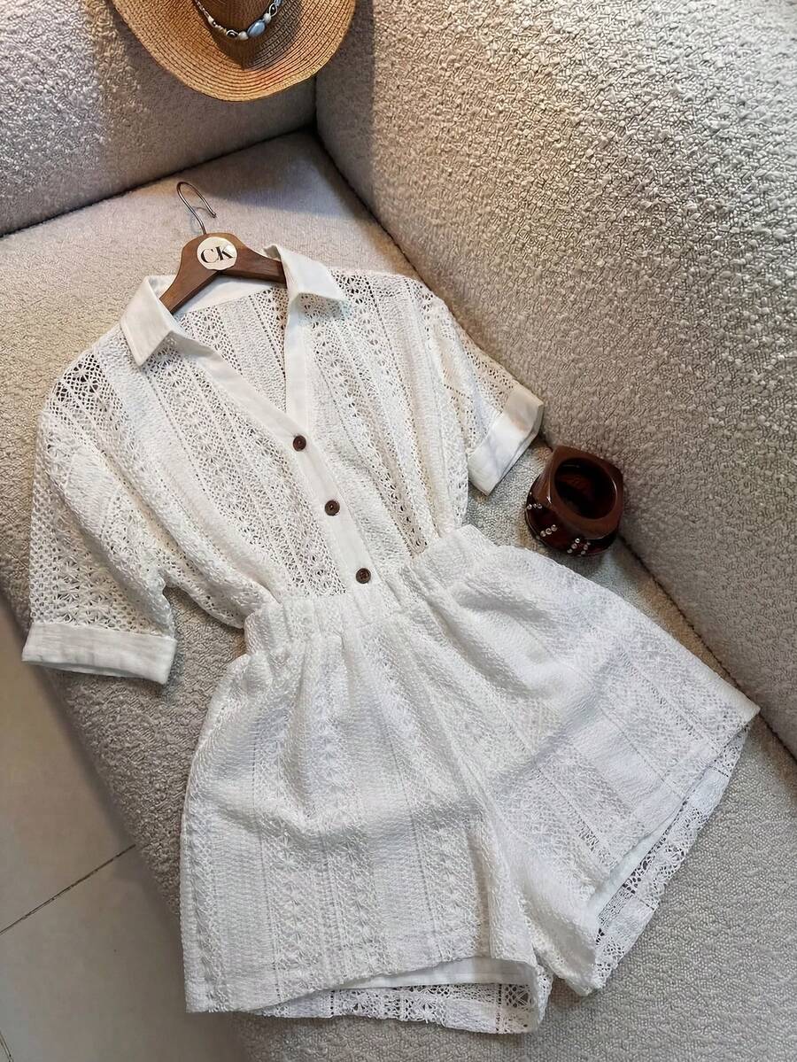 SHEIN Franclia Bộ 2 món áo và quần nữ mùa hè mới, chất liệu vải khoét lỗ. - trắng - Xem 1