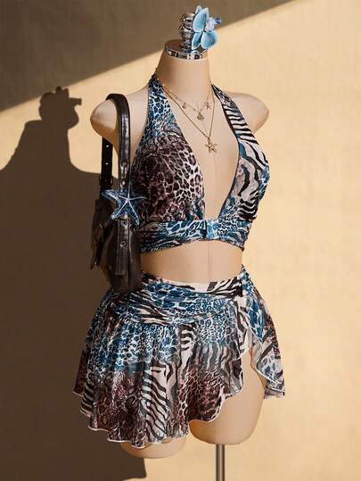 SHEIN ICON Plus-Size Women's Y2K Vacation Style Set: Leopard Print Cropped Tank Top And Low-Waisted Printed Mini Skirt, Hawaii Ibiza Outfit.