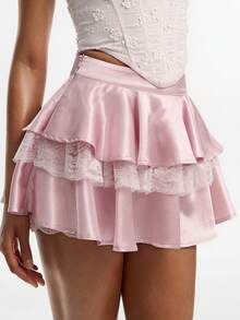Joudiya Spring Summer Light Pink Loose Casual Cute Skirt, Sweet Fashion Design Contrast Color Hollow Lace Patchwork Cake Skirt For Women Date - Pink - View 5