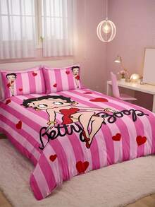Betty Boop x SHEIN 3Pc Miss Betty Striped Love Print Pattern Quilt Cover Set, Sanded Material, Soft And Warm, Multiple Sizes, Suitable For Single Bed/Double Bed/Queen Bed/King Bed, Machine Washable - Multicolor - View 2