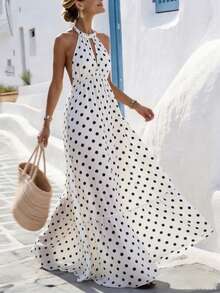SHEIN Holidaya Đầm chấm bi cổ yếm cho nữ, đầm dài đi nghỉ mát cho nữ, đầm trắng cho nữ, thích hợp cho đám cưới, dạ hội. - trắng - Xem 1