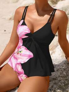 Swim Lushoire 女士两件套热带花卉印花吊带比基尼套装，适合春夏季游泳、运动、冲浪和海滩活动 - 黑色 - 查看 3