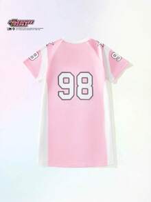 THE POWERPUFF GIRLS X SHEIN Maija Kids 女童V领短袖撞色运动数字印花连衣裙联名系列，春夏款 - 粉色 - 查看 6