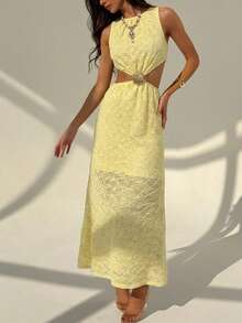 Rafferiza Women's Hollow Out Round Neck Backless Tie Design Metal Decor Jacquard Fabric Long Dress, Suitable For Summer Vacation & Outing - Butter Yellow - View 4
