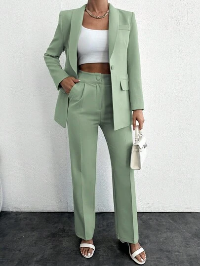 SHEIN Petite Size Women's Commuter Green Collar Single-Button Suit With Long Sleeve And Pants, Solid Color Elegant Summer Business Suit