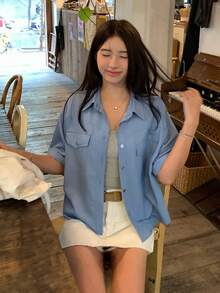 DAZY 女款純色休閒韓風丹寧襯衫，附領子 - 藍色 - 查看 4