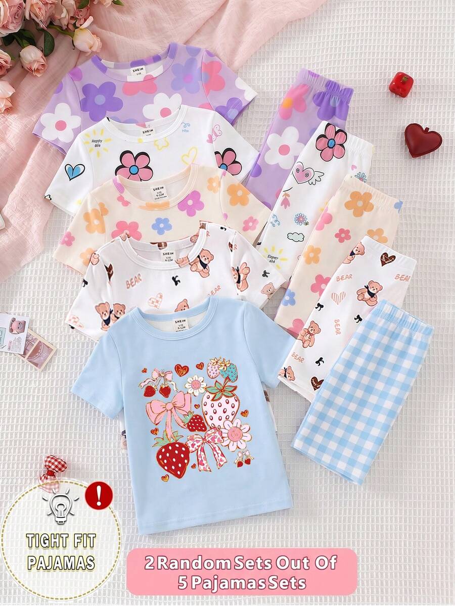 [2 Sets Random] Baby Girls Cute Floral Strawberry & Bear Pattern Round Neck Short Sleeve & Shorts Snug Fit Pajamas Soft Knit Summer - Multicolor - View 1