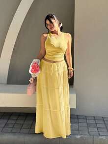 GalTyme Set 2pcs Ukuran Plus Warna Putih: Tank Top Tanpa Lengan & Rok Maxi - Kuning - View 3