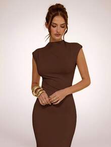 SHEIN BAE Đầm ôm sát bất đối xứng màu mơ, kiểu dáng tối giản thanh lịch, thích hợp cho mùa xuân/hè. - màu nâu - Xem 5