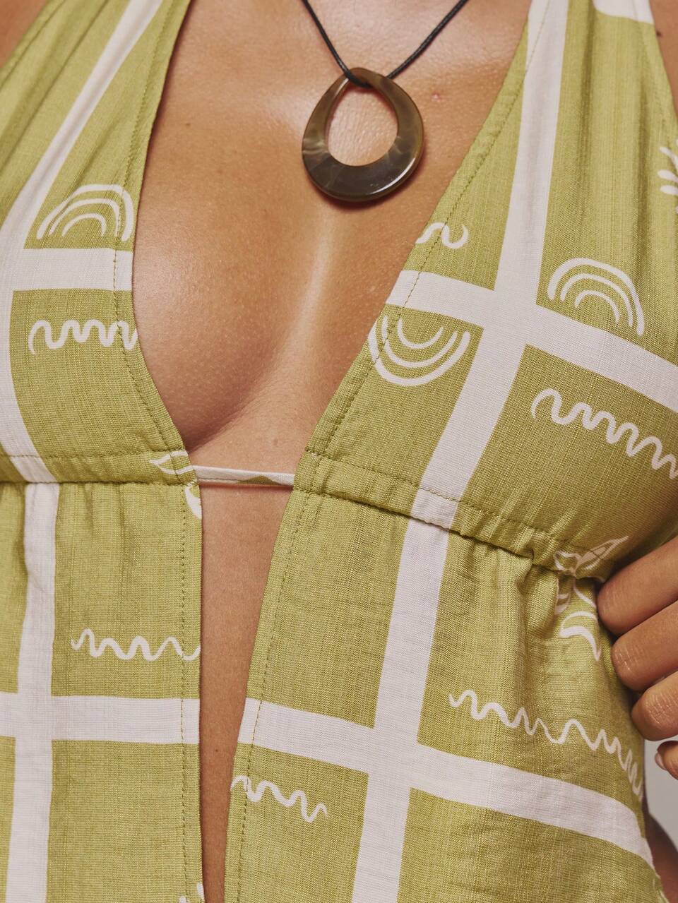 Green Woven Print Halterneck Tie Back Longline Bralette Top