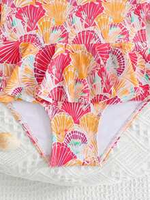 SHEIN Playful Pals Baby Girls Cute Multi-Color Shell Print One-Piece Swimsuit,Long Sleeve Zipper Ruffle Beachwear,Suitable For Swimming,Summer,Holiday,Beach,Pool Party - Burnt Orange - View 5