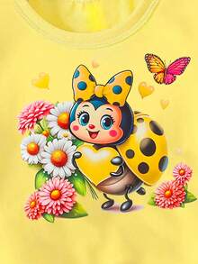 Kaos Pendek Kasual Lucu untuk Anak Perempuan dengan Motif Kumbang, Polkadot, Pita, Hati, Kupu-kupu & Daun, Warna Kuning, Nyaman untuk Pemakaian Sehari-hari, Cocok untuk Liburan Musim Panas, Musim Semi, dan Musim Gugur - Kuning - View 8