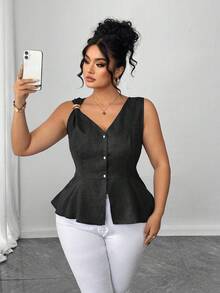 SHEIN Elenzya Áo kiểu thanh lịch dành cho nữ cỡ lớn, cài cúc kim loại và đính ngọc trai. - màu đen - Xem 7