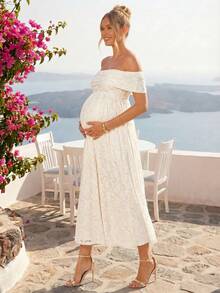 Loomaby Vestido minimalista de uso diario con hombros descubiertos, de unicolor y con aplicaciones de encaje para embarazadas - Caqui - Ver 12