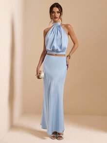 SHEIN BAE Women's Solid Light Blue Satin Elegant Sexy 2 Pieces Set, Wedding Vacation Guest Outfit,Summer For Women,Vacation Outfits Two-Piece - Blue - View 7