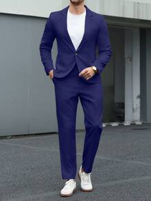 Manfinity Mode Bộ vest nam màu xám nhạt cổ chữ V, kiểu dáng thường ngày, thích hợp cho mùa xuân/hè. - Xanh đậm - Xem 5