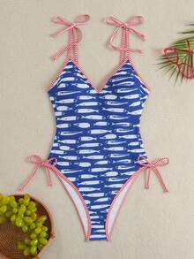Swim Vcay Bộ đồ bơi liền thân bikini họa tiết cá sọc, kiểu dáng thoải mái, thích hợp cho kỳ nghỉ hè của nữ, có dây buộc. - Nhiều màu - Xem 3