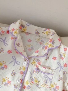 SHEIN Playful Pals 2件組少女睡衣，白色仙女家庭款花卉蝴蝶結印花短袖翻領睡衣套裝，紋理針織夏季睡衣 - 淡紫色 - 查看 3