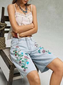 Bohemela Quần short denim thêu họa tiết thường ngày dành cho nữ - Màu xanh nhạt - Xem 2
