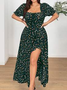 Vionelle Damen Große Größen Asymmetrischer Saum Ditsy Blumen Sexy Kleid - Dunkelgrün - Übersicht 6