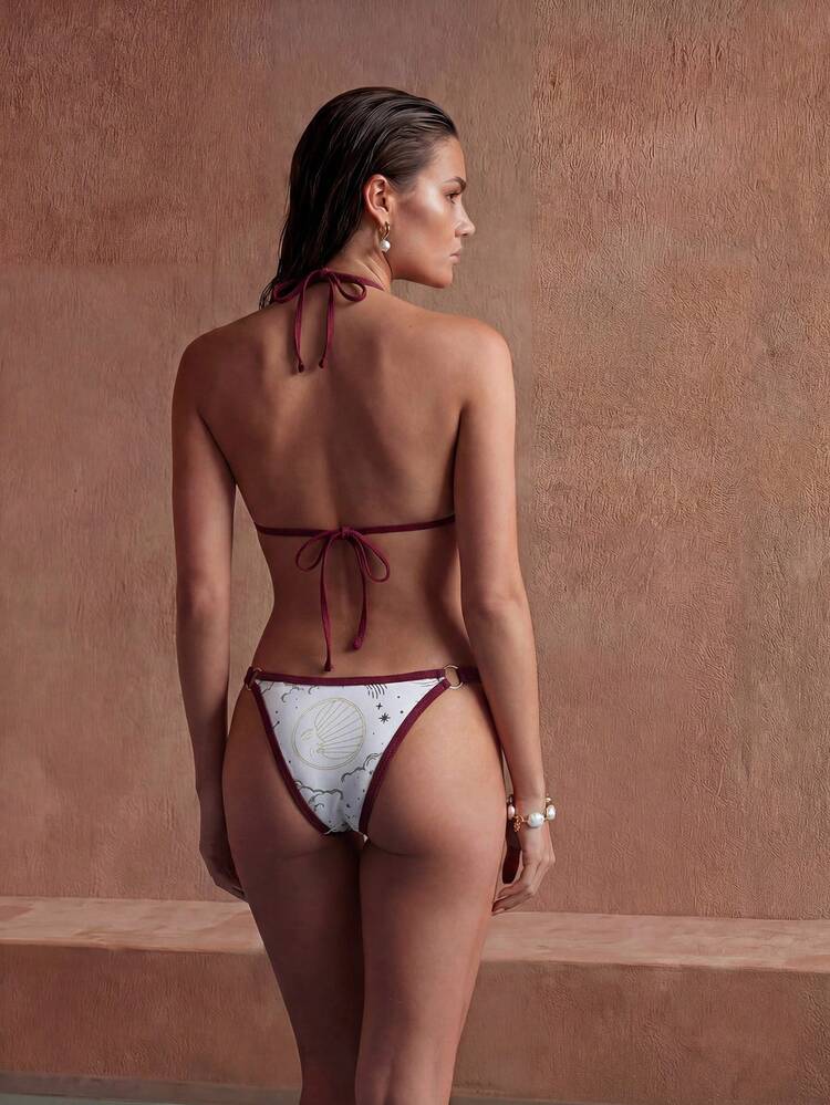 Women's Sexy Starry Sky Print Backless Tie-Front Split Bikini Set, Suitable For Beach, Vacation