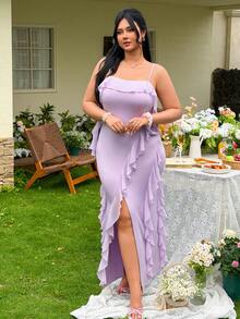 FleurLily Women's New Purple Ruffle Trim High Slit Sexy Backless Spaghetti Strap Dress - Purple - View 3