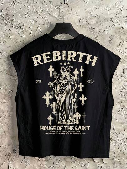 Torvinic Street Style Short Gothic Jesus Shepherd Cross Graffiti Print Black Tank Top