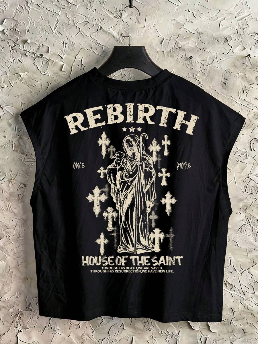 Manfinity ZONE917 Street Style Short Gothic Jesus Shepherd Cross Graffiti Print Black Tank Top - Black - View 1
