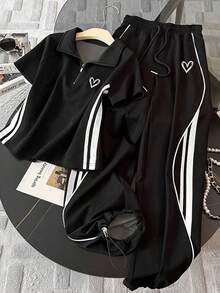 Resyla Stand Collar Raglan Short Sleeve Top + Casual Pants Set - Black - View 1