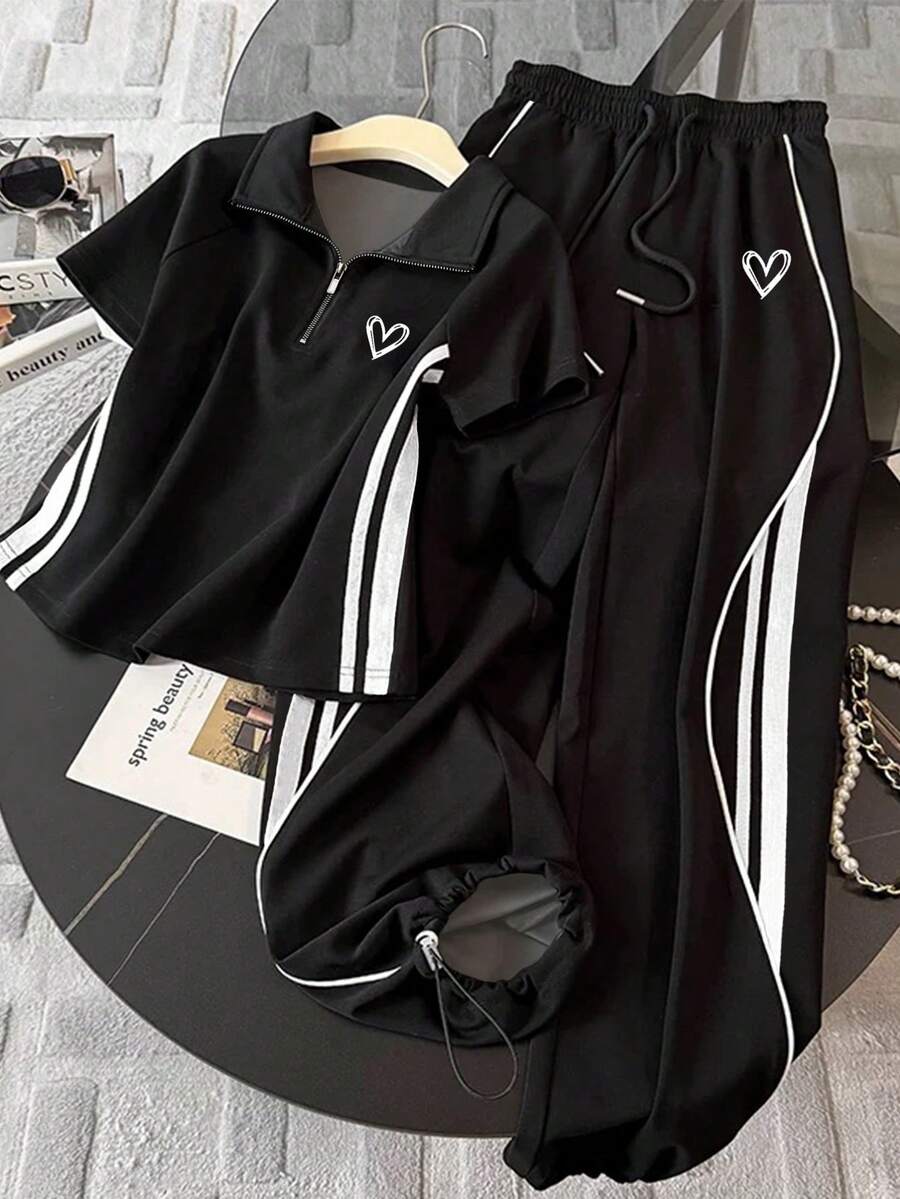 Resyla Stand Collar Raglan Short Sleeve Top + Casual Pants Set - Black - View 1