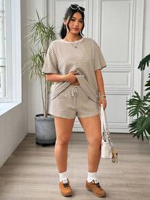 SHEIN EZwear 大码两件套休闲条纹T恤和短裤 - 棕色 - 查看 5